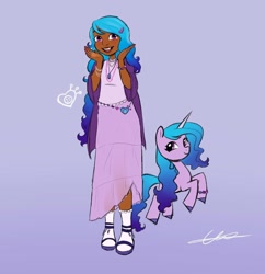 Size: 1440x1489 | Tagged: safe, artist:carolina_art, izzy moonbow, human, pony, unicorn, g5, dark skin, female, gradient background, human ponidox, humanized, looking at you, mare, open mouth, open smile, self paradox, self ponidox, signature, smiling, smiling at you