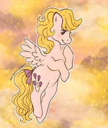 Size: 1824x2160 | Tagged: safe, artist:dariarchangel, surprise, pegasus, pony, g1, adoraprise, bow, cloud, curly hair, cute, digital art, female, flying, mare, sky, small wings, solo, spread wings, surprise can fly, tail, tail bow, traditional art, wings