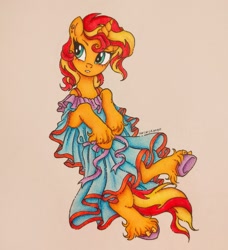Size: 1457x1600 | Tagged: safe, artist:dariarchangel, sunset shimmer, pony, unicorn, equestria girls, g4, my little pony equestria girls: better together, blue dress, clothes, dress, female, horn, mare, solo, traditional art