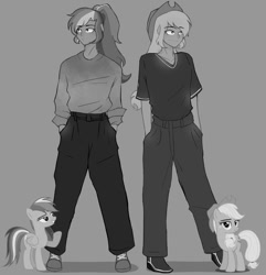 Size: 1440x1495 | Tagged: safe, artist:xram.vk, applejack, rainbow dash, human, g4, gray background, grayscale, humanized, monochrome, simple background