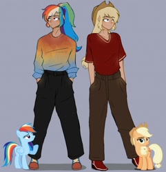 Size: 1440x1495 | Tagged: safe, artist:xram.vk, applejack, rainbow dash, human, g4, humanized, purple background, simple background