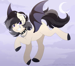 Size: 1400x1236 | Tagged: safe, artist:higglytownhero, oc, oc only, oc:melody morningstar, bat pony, pony, butt freckles, chains, cloud, collar, colored hooves, ear fluff, ear piercing, earring, eyelashes, fangs, flying, freckles, horns, jewelry, looking at you, male, moon, piercing, silver tooth, smiling, solo, spiked collar, spread wings, stallion, wings
