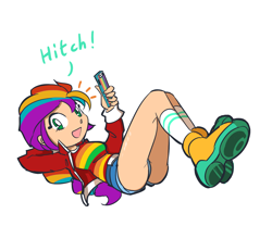 Size: 1200x1000 | Tagged: safe, artist:rvceric, sunny starscout, human, equestria girls, g4, g5, butt, butt focus, cellphone, clothes, equestria girls-ified, female, g5 to equestria girls, g5 to g4, generation leap, implied hitch trailblazer, panties, phone, simple background, smartphone, solo, thong, underwear, white background