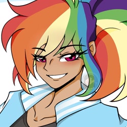 Size: 1440x1440 | Tagged: safe, artist:xram.vk, rainbow dash, human, g4, blushing, bust, eye clipping through hair, eyebrows, eyebrows visible through hair, female, humanized, simple background, smiling, solo, watermark, white background