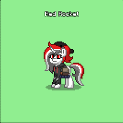 Size: 400x400 | Tagged: safe, oc, oc only, oc:red rocket, ashes town, bag, beanie, clothes, eyes open, green background, hat, hoodie, red eyes, saddle bag, simple background, solo