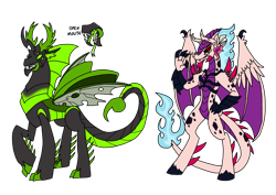 Size: 1414x1000 | Tagged: safe, artist:zetikoopa, cozy glow, oc, oc:king scorpio, changeling, monster pony, g4, changeling king, female, green changeling, male, rainbow of darkness, simple background, transparent background