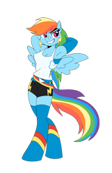 Size: 1280x1987 | Tagged: safe, artist:fotia-kouneli, rainbow dash, anthro, g4, arm behind head, bandaid, belt, clothes, female, grin, simple background, smiling, solo, stockings, thigh highs, transparent background, wings