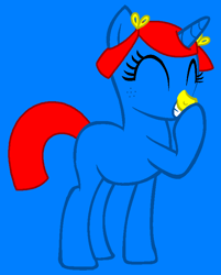 Size: 661x822 | Tagged: safe, artist:frizzlewaffle17, artist:spitfirethepegasusfan39, pony, unicorn, g4, adult blank flank, base used, blank flank, blue background, eyes closed, female, freckles, giggling, hairclip, laughing, little miss, little miss giggles, mare, mr. men, mr. men little miss, pigtails, ponified, simple background, smiling, solo, yellow nose