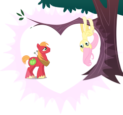 Size: 5000x4650 | Tagged: safe, anonymous artist, big macintosh, fluttershy, earth pony, pegasus, pony, g4, hearts and hooves day (episode), absurd resolution, female, filly, foal, heart, hearts and hooves day, looking at each other, looking at someone, male, mare, ship:fluttermac, shipping, simple background, smiling, smiling at each other, stallion, straight, transparent background, tree, tree branch, upside down, vector