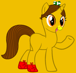 Size: 812x783 | Tagged: safe, artist:rain-approves, artist:spitfirethepegasusfan39, pony, unicorn, g4, adult blank flank, base used, blank flank, bow, clothes, female, freckles, gold background, hair bow, little miss, little miss magic, mare, mr. men, mr. men little miss, open mouth, open smile, ponified, raised arm, shoes, simple background, smiling, sneakers, solo, yellow nose