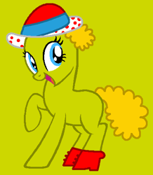 Size: 429x491 | Tagged: safe, artist:beanbases, artist:spitfirethepegasusfan39, earth pony, pony, g4, adult blank flank, base used, blank flank, clothes, eyestrain warning, female, green background, hat, high heels, little miss, little miss splendid, mare, mr. men, mr. men little miss, open mouth, open smile, ponified, raised hoof, raised leg, shoes, simple background, smiling, solo, splendid