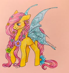 Size: 2044x2160 | Tagged: safe, artist:dariarchangel, fluttershy, flutter pony, pegasus, pony, g4, braid, braided tail, butterfly wings, cute, female, flower, flower in hair, flutter pony fluttershy, flutterfly, high res, mare, redesign, shy, shyabetes, smiling, solo, sparkly wings, tail, traditional art, wings