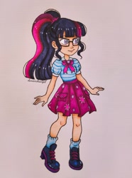 Size: 1191x1599 | Tagged: safe, artist:dariarchangel, sci-twi, twilight sparkle, human, equestria girls, g4, my little pony equestria girls: better together, my little pony equestria girls: friendship games, clothes, female, glasses, ponytail, shy, skirt, smiling, solo, traditional art