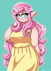 Size: 2400x3346 | Tagged: safe, artist:mylittleyuri, fluttershy, human, arm behind head, blushing, clothes, cute, dress, eye clipping through hair, female, green background, high res, humanized, looking at you, outline, plump, shyabetes, simple background, smiling, smiling at you, solo, sundress, white outline