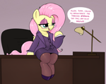 Size: 3906x3099 | Tagged: safe, artist:whiskeypanda, fluttershy, pegasus, semi-anthro, g4, business suit, businessmare, clothes, desk, desk lamp, dialogue, drawthread, eyeshadow, female, hoof shoes, implied anon, makeup, mare, open mouth, open smile, pantyhose, shirt, shoes, sitting, skirt, smiling, solo, speech bubble, suit