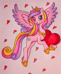 Size: 1316x1600 | Tagged: safe, artist:dariarchangel, princess cadance, alicorn, pony, g4, colored wings, crown, cute, cutedance, female, flying, gradient wings, heart, hearts and hooves day, hoof shoes, jewelry, mare, multicolored hair, multicolored wings, peytral, pillow, regalia, simple background, smiling, solo, spread wings, traditional art, wings