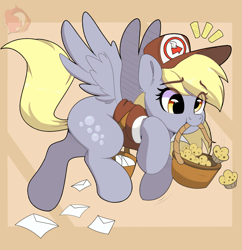 Size: 1783x1839 | Tagged: safe, artist:joaothejohn, derpy hooves, pegasus, pony, g4, bag, basket, clothes, cross-eyed, cute, derpabetes, derpy being derpy, emanata, eye clipping through hair, eyebrows, eyebrows visible through hair, female, flying, food, hat, letter, looking down, mare, mouth hold, muffin, solo, spread wings, wings
