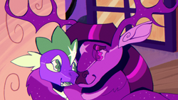 Size: 1280x720 | Tagged: safe, artist:peachpaws0, spike, twilight sparkle, deer, dragon, g4, antlers, deerified, duo, lavender sunrise au, screenshot redraw, siblings, species swap