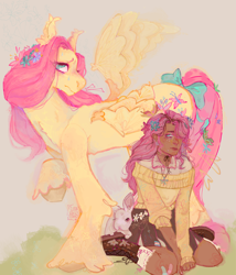Size: 1280x1497 | Tagged: safe, artist:lukasequalszero, fluttershy, human, pegasus, pony, rabbit, g4, alternate hairstyle, alternate versions at source, animal, blushing, boots, bow, chest fluff, choker, clothes, colored hooves, dyed hair, ear fluff, ear tufts, exclamation point, eye clipping through hair, female, flower, flower in hair, flower in tail, frown, gender headcanon, gray background, human ponidox, humanized, jewelry, leg fluff, long tail, mare, necklace, one wing out, paradox, pink mane, pink tail, pride, pride flag, raised hoof, ribbon, self paradox, self ponidox, shirt, shoes, signature, simple background, sitting, socks, standing, sweat, sweatdrop, sweater, sweatershy, tail, tail bow, tallershy, tan skin, transgender pride flag, unshorn fetlocks, wing fluff, wings, worried