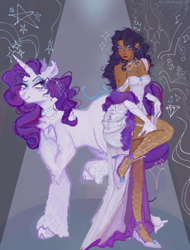 Size: 1280x1685 | Tagged: safe, artist:lukasequalszero, rarity, human, pony, unicorn, g4, alternate versions at source, blushing, chest fluff, choker, clothes, curly mane, dark skin, dress, ear fluff, ear piercing, ear tufts, earring, eyeshadow, feather boa, female, fishnet clothing, formal wear, garter, gloves, gown, high heels, horn, human ponidox, humanized, jewelry, lidded eyes, long gloves, looking at you, looking back, makeup, mare, necklace, patterned background, pearl necklace, piercing, purple blush, purple mane, purple tail, raised hooves, raised leg, ribbon, ring, self paradox, self ponidox, shoes, smiling, spotlight, tail, unshorn fetlocks