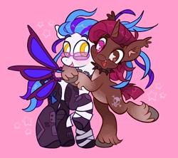 Size: 2048x1822 | Tagged: safe, artist:alexbeeza, oc, oc only, pegasus, pony, unicorn, amputee, artificial wings, augmented, bandage, bandaged leg, beanbrows, blushing, coat markings, collar, colored ear fluff, colored eyebrows, colored hooves, colored pinnae, commission, couple, duo, ear fluff, ear tufts, eyebrows, eyebrows visible through hair, eyelashes, fangs, glasses, heterochromia, horn, hug, jewelry, mullet, necklace, oc x oc, open mouth, open smile, pale belly, pegasus oc, pink background, prosthetic leg, prosthetic limb, prosthetic wing, prosthetics, purple mane, purple tail, raised hoof, robotic legs, shipping, short tail, simple background, smiling, socks (coat markings), spiked collar, spread wings, standing, standing on two hooves, starry eyes, stars, tail, two toned mane, two toned tail, unicorn oc, unshorn fetlocks, wingding eyes, wings, yellow eyes