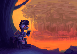 Size: 4093x2894 | Tagged: safe, artist:xallaanacyoxcyor, oc, oc only, bat pony, forest, glasses, male, nature, reflection, solo, stallion, stallion oc, tree, tree stump, water