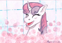 Size: 2336x1627 | Tagged: safe, artist:nauroka, sweetie belle, pony, unicorn, g4, bath, bathtub, bubble, tiled background, traditional art, watercolor painting