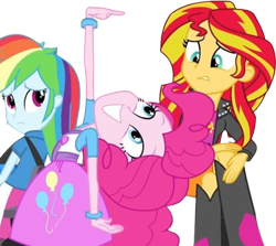 Size: 2824x2520 | Tagged: safe, edit, edited screencap, editor:homersimpson1983, screencap, pinkie pie, rainbow dash, sunset shimmer, human, equestria girls, g4, my little pony equestria girls: rainbow rocks, arm, arms, background removed, boots, bracelet, breasts, bust, clothes, female, finger, frown, happy, jacket, jewelry, leather, leather jacket, legs, long hair, looking back, not a vector, shirt, shoes, simple background, skirt, smiling, t-shirt, teenager, teeth, top, transparent background, vest, whince