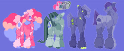 Size: 2048x853 | Tagged: safe, artist:peachpaws0, limestone pie, marble pie, maud pie, pinkie pie, earth pony, g4, blue background, chest fluff, ear fluff, lavender sunrise au, pie sisters, redesign, siblings, simple background, sisters, twins