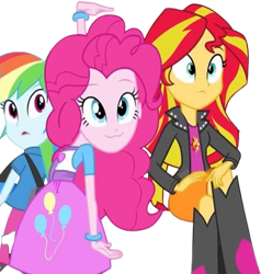 Size: 827x870 | Tagged: safe, edit, edited screencap, editor:homersimpson1983, screencap, pinkie pie, rainbow dash, sunset shimmer, human, equestria girls, g4, my little pony equestria girls: rainbow rocks, arm, arms, background removed, boots, breasts, bust, clothes, female, finger, frown, hand, happy, jacket, leather, leather jacket, legs, long hair, long sleeves, looking back, not a vector, open mouth, pointing, shirt, shoes, short sleeves, simple background, skirt, smiling, t-shirt, teenager, top, transparent background, vest, wavy mouth