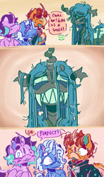 Size: 1075x1834 | Tagged: safe, artist:tottallytoby, queen chrysalis, starlight glimmer, sunburst, trixie, changeling, changeling queen, pony, unicorn, g4, ..., alternate hairstyle, alternate universe, awkward smile, beard, big smile, blue eyes, blue mane, blushing, breasts, cloak, clothes, colored eartips, colored hooves, colored horn, colored pinnae, comic, creepy, creepy smile, curly mane, curved horn, cute, cyan mane, dialogue, ear freckles, eye clipping through hair, eyes closed, eyeshadow, facial hair, fangs, female, freckles, funny, glimmerlis, grin, group, horn, leonine tail, lesbian, lidded eyes, looking at each other, looking at someone, looking at you, makeup, male, mare, messy mane, pink eyes, quartet, raised hoof, red mane, sharp teeth, shipping, short mane, smiling, smiling at you, speech bubble, stallion, straight mane, sunburst's cloak, sweat, sweatdrop, tail, talking, teeth, text, toothy grin, two toned mane