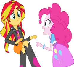 Size: 2767x2520 | Tagged: safe, edit, edited screencap, editor:homersimpson1983, screencap, pinkie pie, sunset shimmer, human, equestria girls, g4, my little pony equestria girls: rainbow rocks, arm, background removed, bracelet, breasts, bust, clothes, crossed legs, female, hand, happy, jacket, jewelry, leaning back, leaning forward, leather, leather jacket, legs, long hair, long sleeves, not a vector, open mouth, open smile, shirt, short sleeves, simple background, skirt, smiling, teenager, top, transparent background, vest