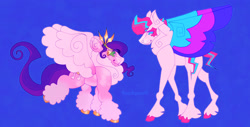 Size: 2048x1043 | Tagged: safe, artist:peachpaws0, pipp petals, zipp storm, pegasus, g5, my little pony: a new generation, chubby, colored wings, crown, duo, female, height difference, jewelry, long legs, multicolored wings, neck fluff, physique difference, redesign, regalia, royal sisters (g5), siblings, sisters, slender, stylized, thin, wings