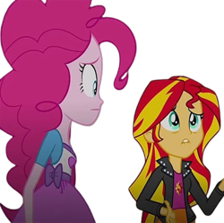 Size: 2540x2520 | Tagged: safe, edit, edited screencap, editor:homersimpson1983, screencap, pinkie pie, sunset shimmer, human, equestria girls, g4, rainbow rocks, arm, arms, background removed, bracelet, breasts, bust, clothes, concerned, female, frown, hand, jacket, jewelry, leather, leather jacket, lip bite, long hair, long sleeves, not a vector, shirt, short sleeves, simple background, skirt, teenager, teeth, top, transparent background, vest