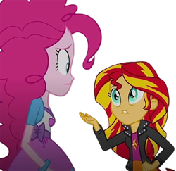 Size: 2590x2520 | Tagged: safe, edit, edited screencap, editor:homersimpson1983, screencap, pinkie pie, sunset shimmer, human, equestria girls, g4, my little pony equestria girls: rainbow rocks, arms, background removed, bracelet, breasts, bust, clothes, concerned, female, frown, hand, jacket, jewelry, leather, leather jacket, lip bite, long hair, long sleeves, not a vector, shirt, short sleeves, simple background, skirt, teenager, teeth, top, transparent background, vest