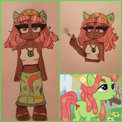 Size: 1200x1200 | Tagged: safe, artist:666awesomecat666, screencap, tree hugger, earth pony, human, pony, g4, :p, bandana, belly button, blunt, clothes, dark skin, drugs, eared humanization, feet, female, humanized, jewelry, mare, marijuana, necklace, peace symbol, sandals, screencap reference, short shirt, skirt, smoke, smoking, tongue out, traditional art
