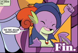 Size: 421x287 | Tagged: safe, idw, official comic, spike, dragon, g4, spoiler:comic, eyes closed, fin, happy, hat, meta, my little pony classics reimagined: romeo and juliet, offscreen character, speech bubble, william shakespeare