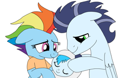 Size: 1177x720 | Tagged: safe, artist:dasher666, rainbow dash, soarin', oc, oc:river, pegasus, pony, g4, the last problem, baby, baby pony, female, filly, foal, heartwarming, male, offspring, older, older rainbow dash, older soarin', older soarindash, parent:rainbow dash, parent:soarin', parents:soarindash, ship:soarindash, shipping, simple background, straight, white background