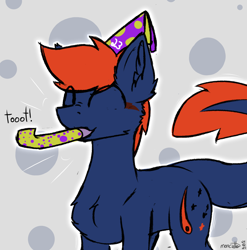 Size: 2000x2026 | Tagged: safe, artist:monycaalot, oc, oc only, oc:fizark catto, monster pony, original species, pony, tatzlpony, ^^, birthday, colored sketch, concave belly, cute, ear fluff, eyes closed, happy, hat, male, ocbetes, party hat, party horn, simple background, sketch, toot