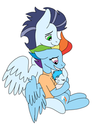 Size: 720x887 | Tagged: safe, artist:dasher666, rainbow dash, soarin', oc, oc:river, pegasus, pony, g4, the last problem, baby, baby pony, female, filly, foal, heartwarming, male, mare, offspring, older, older rainbow dash, older soarin', older soarindash, parent:rainbow dash, parent:soarin', parents:soarindash, ship:soarindash, shipping, simple background, stallion, straight, white background