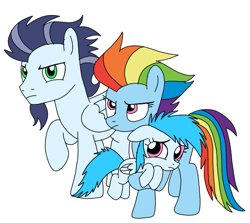 Size: 807x720 | Tagged: safe, artist:dasher666, rainbow dash, soarin', oc, oc:river, pegasus, pony, g4, the last problem, female, filly, foal, heartwarming, male, mare, offspring, older, older rainbow dash, older soarin', older soarindash, parent:rainbow dash, parent:soarin', parents:soarindash, ship:soarindash, shipping, simple background, stallion, straight, white background