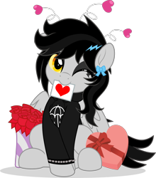 Size: 4393x5000 | Tagged: safe, artist:jhayarr23, oc, oc only, oc:lightning dee, pegasus, box of chocolates, clothes, commission, dyed mane, female, flower, heart, hoodie, mare, mouth hold, one eye closed, partially open wings, rose, simple background, sitting, solo, spiked wristband, transparent background, wings, wristband, ych result