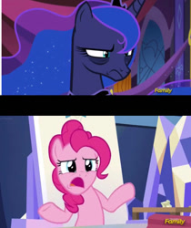 Size: 506x601 | Tagged: safe, artist:batman714, edit, edited screencap, screencap, pinkie pie, princess luna, alicorn, earth pony, pony, a royal problem, g4, sparkle's seven, canterlot castle interior, luna is not amused, reaction image, shrug, twilight's castle, unamused