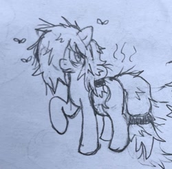 Size: 1529x1503 | Tagged: safe, artist:ponysocks, oc, oc only, oc:floor bored, earth pony, fly, insect, pony, bags under eyes, female, hair tie, mare, sketch, solo, stink lines, traditional art