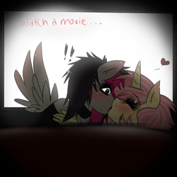 Size: 800x800 | Tagged: artist needed, safe, oc, oc only, pegasus, unicorn, anthro, cinema, date, female, film, heart, kiss on the lips, kissing, lesbian, source unknown, theater