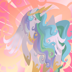 Size: 1280x1280 | Tagged: safe, alternate version, artist:junglicious64, princess celestia, alicorn, pony, g4, abstract background, crown, eyelashes, female, fire, flying, hoof shoes, horn, jewelry, lineless, long horn, mare, multicolored mane, multicolored tail, no mouth, partially open wings, pink eyes, regalia, solo, tail, tiara, wings