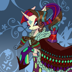 Size: 1280x1280 | Tagged: safe, artist:junglicious64, rarity, pony, unicorn, g4, alternate design, alternate hair color, alternate hairstyle, blue eyes, clothes, coat markings, dress, eyelashes, facial markings, female, formal wear, hoof shoes, horn, lidded eyes, looking at you, mare, multicolored mane, patterned background, ponytail, ribbon, robe, smiling, solo, star (coat marking), wavy mane