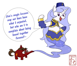 Size: 3500x3000 | Tagged: safe, artist:crimson-rune, oc, oc only, oc:crimson rune, oc:moon, genie, genie pony, unicorn, duo, female, floating, high res, inanimate tf, lamp, mare, post-transformation, simple background, speech bubble, text, transformation, transparent background