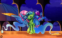 Size: 1800x1100 | Tagged: safe, artist:tresmariasarts, oc, oc only, oc:bottlegriff, oc:parcly taxel, oc:wishgriff, alicorn, classical hippogriff, genie, genie pony, hippogriff, pony, unicorn, ain't never had friends like us, albumin flask, alicorn oc, beak, bottle, bracelet, chest fluff, circlet, collar, commission, ear piercing, earring, female, floating, horn, horn ring, jewelry, looking at you, male, mare, night, open beak, open mouth, open smile, piercing, ring, sand, smiling, smiling at you, spread wings, starry sky, waistband, wing jewelry, wings