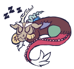 Size: 1070x1012 | Tagged: safe, artist:fluttershyes, discord, draconequus, g4, :3, colored eyebrows, curled up, dragon tail, eyes closed, fangs, male, mismatched horns, mismatched wings, onomatopoeia, simple background, sleeping, solo, sound effects, tail, transparent background, wings, zzz